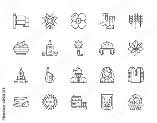 Set of Ukrainian Culture Line Icons. Mace, Wheat Ear, Wedding Bread and more. photo