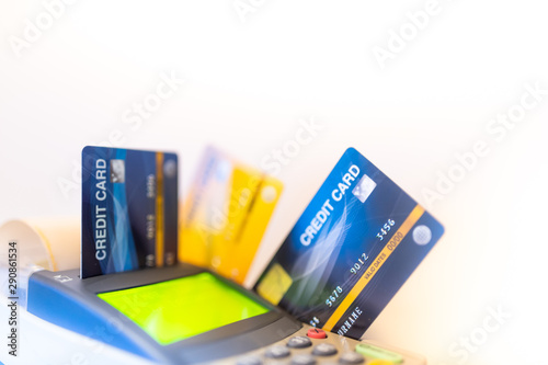 Many credit cards are used in the shop. Shopping and retail concepts.Credit card image format For use Public relations media.soft focus.