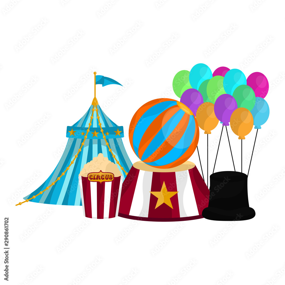 Circus tent with magician hat, balloons and a popcorn snack - Vector