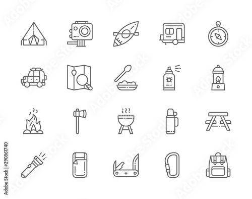 Set of Camping Line Icons. BBQ, Canoe, Trailer, Jackknife, Gas Lamp and more.