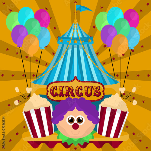 Clown avatar with a circus tent over a retro striped background - Vector