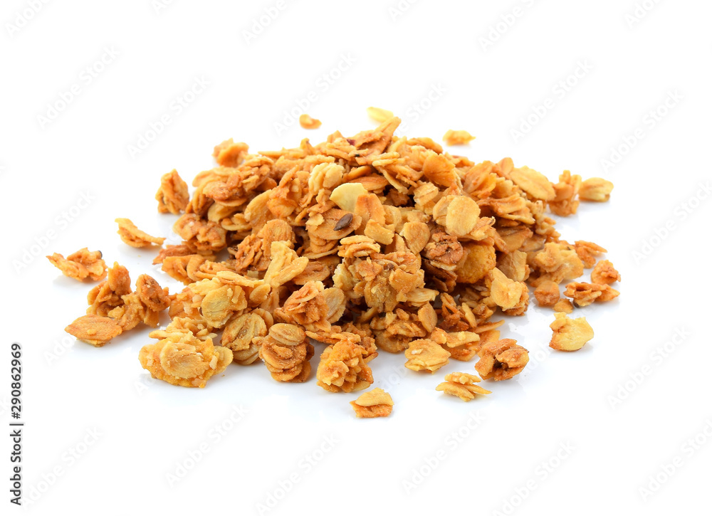 muesli isolated on white background, top view muesli isolated on white background, top view