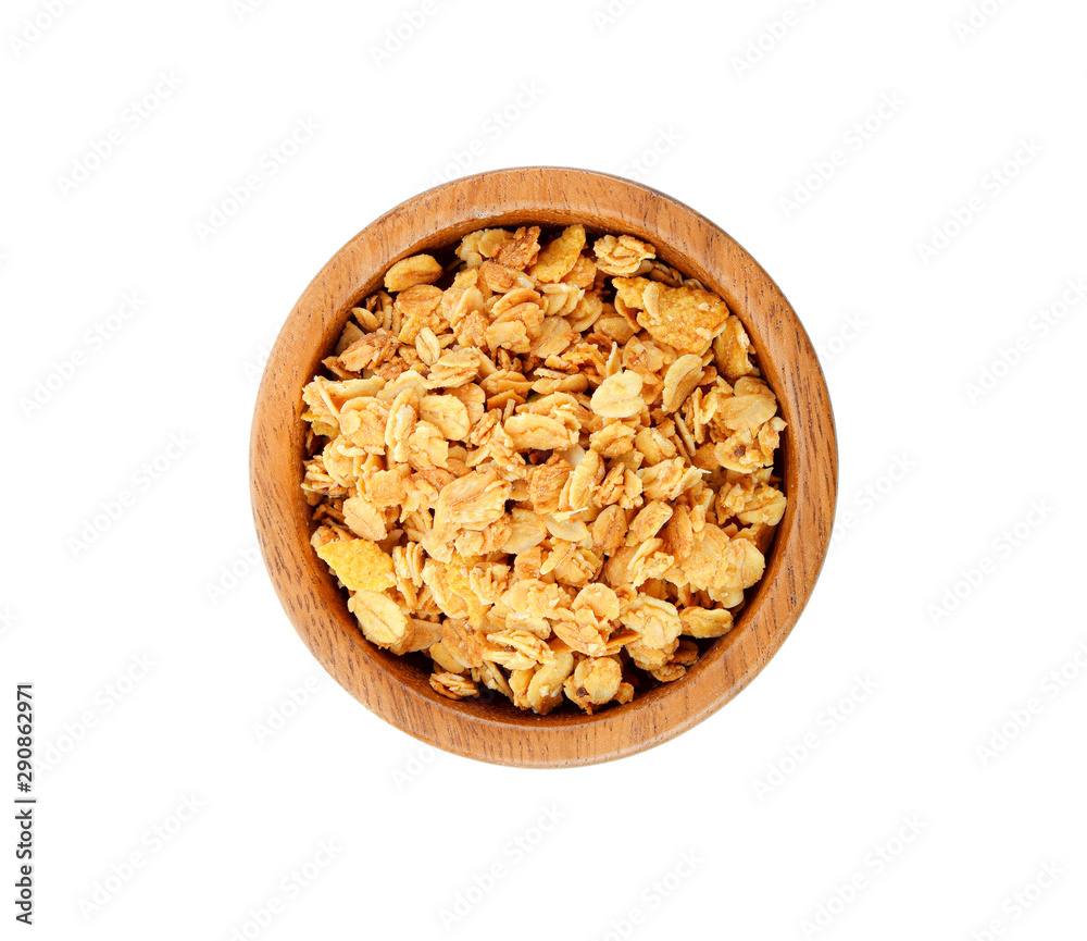 Bowl of muesli isolated on white background, top view Bowl of muesli isolated on white background, top view