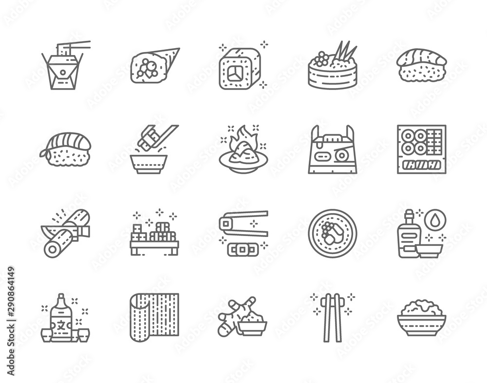 Set of Japanese Food Line Icons. Ginger, Temaki, Nigiri, Wasabi, Soy and more.