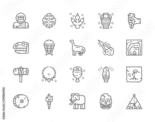 Set of Prehistoric Age Line Icons. Neanderthal, Dinosaur, Primitive Axe and more