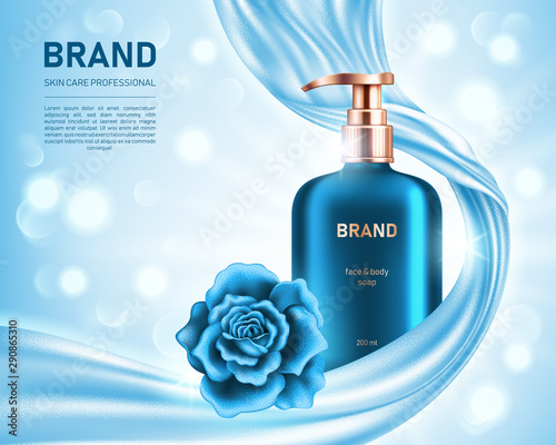 Realistic liquid soap bottle and shiny rose on light blue background with smooth satin fabric and bokeh lights. Cosmetic brand advertising concept design