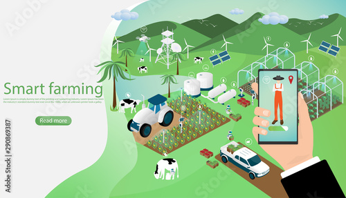 Modern agriculture technology. Smart farming concept. Hand holding smartphone, Human with  wireless remote control. Artificial intelligence working on farm. Vector illustration in isometric design.