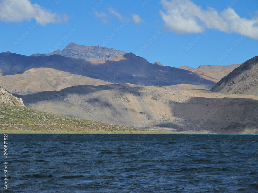 Embalse El Yeso (Reservoir El Yeso) in andes mountain range, Chili. Mountain landscape .