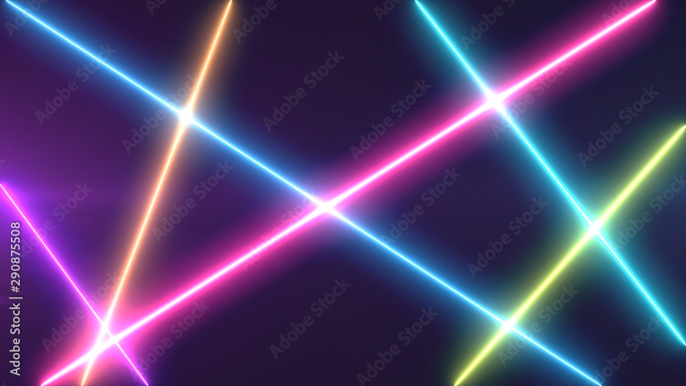 Abstract Neon bright lens flare colored on black background. Laser show colorful design for banners advertising technologies