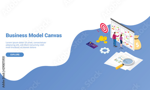 business model canvas concept with paper document and team people discussion meeting with modern isometric style for website template landing homepage - vector