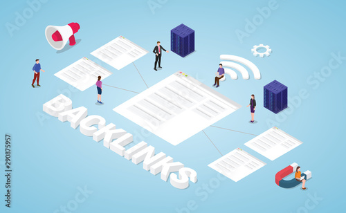 backlinks seo search engine optimization concept with big words and team people with modern isometric style - vector photo
