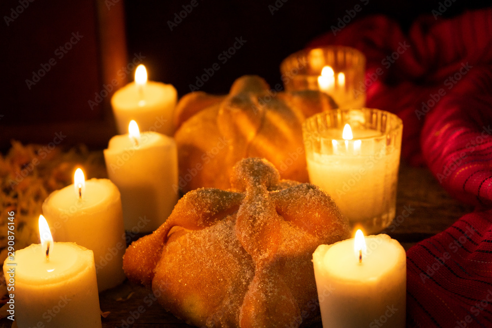 Day of the dead bread with candles Day of the dead bread with candles