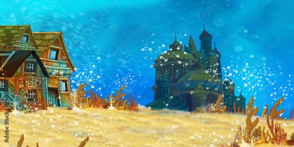 Cartoon underwater sea or ocean scene with castle - illustration for children