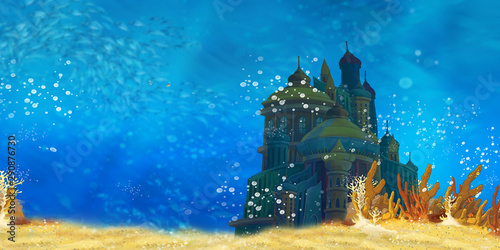 Cartoon underwater sea or ocean scene with castle - illustration for children © honeyflavour