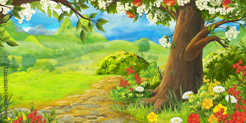 Fototapeta Naklejka Na Ścianę i Meble -  cartoon summer scene with path in the forest or garden - nobody on scene - illustration for children