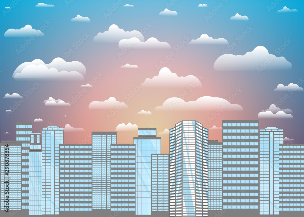 Urban skycrapers panorama on lake or ocean, big city cartoon illustration Urban skycrapers panorama on lake or ocean, big city cartoon illustration