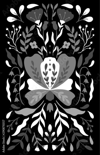 Ethno folk monochrome decorative floral ornament. Symmetry specular composition. Drawing abstract ornament.