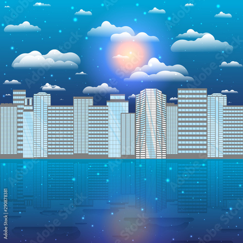 Urban skycrapers panorama on lake or ocean  big city cartoon illustration