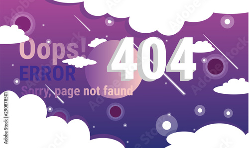 404 page not found concept, open space purple comets, moon and stars behind clouds