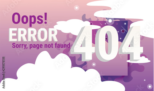 404 page not found concept, open space purple comets, moon and stars behind clouds