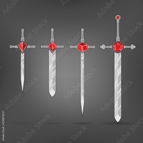 Set of cartoon vector weapon, swords with dices hilt RPG games.  Red crystal D4,D6,D8,D12 dices