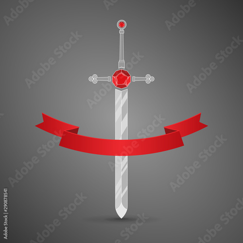 Set of cartoon vector weapon with red ribbon, sword with dice hilt RPG games.