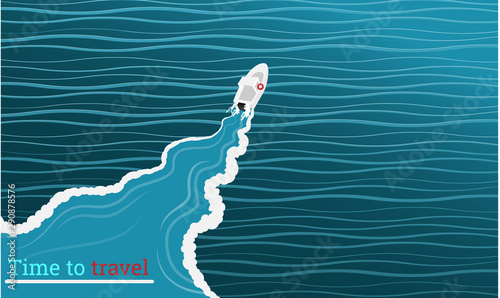 Boat floating in the sunset or sunrise. Time to travel slogan on the water. Vacation on cruise yacht,