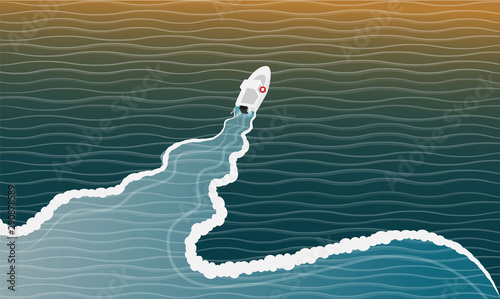 Boat floating in the sunset or sunrise. Time to travel slogan on the water. Vacation on cruise yacht,