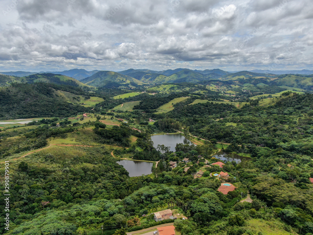 Aerial view of luxury villa in tropical valley. Monte Alegre Do Sul. Brazil. Countryside destination for local tourist.