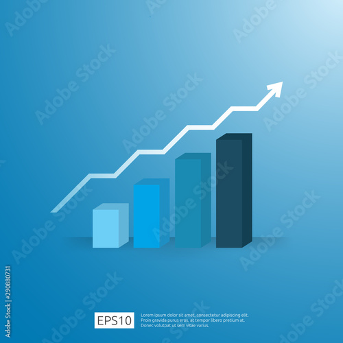 business growup chart bar with arrow direction. Finance growth vision stretching rising up. Return on investment ROI. increase profit margin revenue concept to success flat style vector illustration.