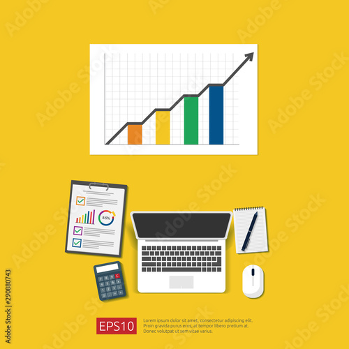 Financial Analysis business, financial statistic and management concept. Workplace desk top view with grow up chart bar document, laptop and report. Flat style vector illustration.