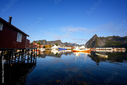 Morning in the Hamnoy fishing village. This is a popular tourist destination for tourists and photographers in the Lofoten Islands, Norway.