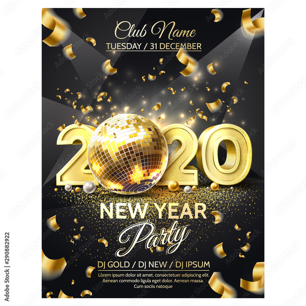Vector 2020 new year party golden disco ball - obrazy, fototapety, plakaty 