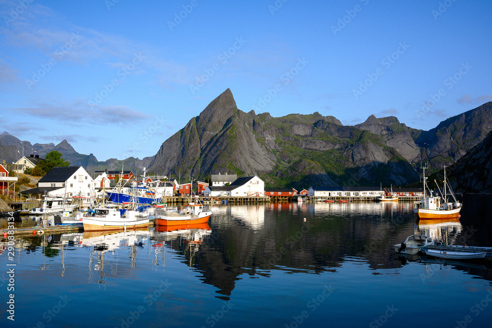 Morning in the Hamnoy fishing village. This is a popular tourist destination for tourists and photographers in the Lofoten Islands, Norway.