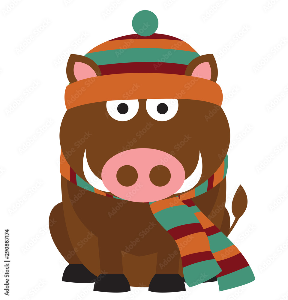 Fototapeta premium Cute boar wearing a knitted warm hat, and a scarf. Vector flat illustration isolated on the white background