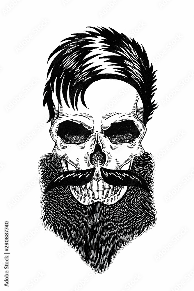 Fototapeta premium Monochrome illustration barbershop of skull with beard, mustache, hipster haircut and on white background, cartoon, angry, beautiful, brutal.