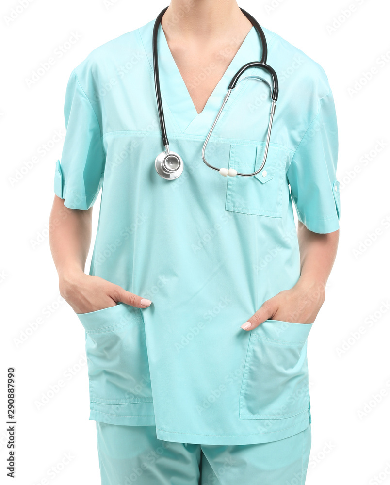 Female nurse with stethoscope on white background Female nurse with stethoscope on white background