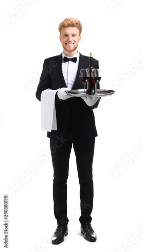 Handsome waiter with wine on white background