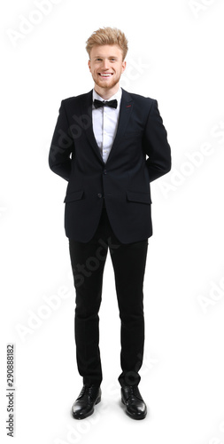 Handsome waiter on white ba...
