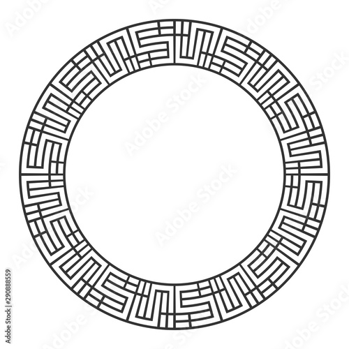 Abstract round meander, circular geometric ornament, striped frame.