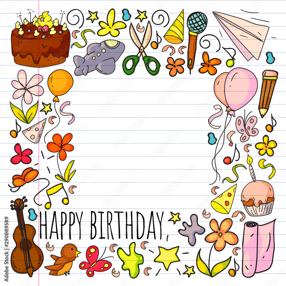 Drawing by pen on exercise notebook. Vector set of cute creative illustration templates with birthday theme design. Hand Drawn for holiday, party invitations. Drawing by pen on exercise notebook. Vector set of cute creative illustration templates with birthday theme design. Hand Drawn for holiday, party invitations.