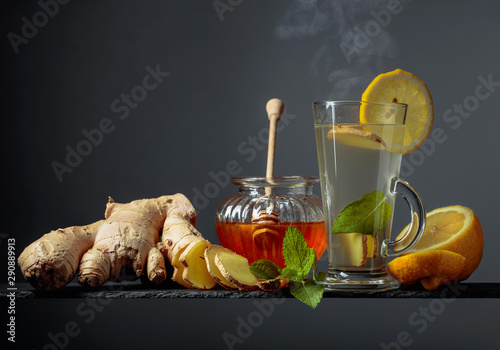 Ginger tea with lemon, mint and honey.