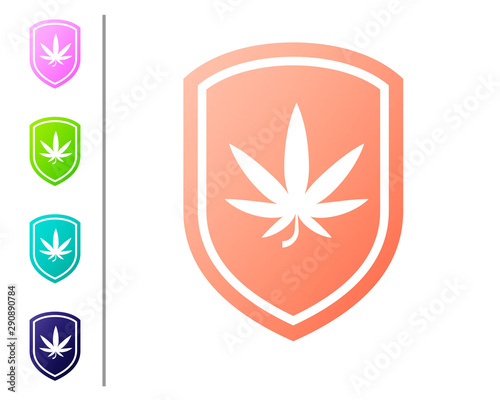 Coral Shield and marijuana or cannabis leaf icon isolated on white background. Marijuana legalization. Hemp symbol. Set color icons. Vector Illustration