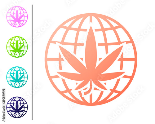 Coral Legalize marijuana or cannabis globe symbol icon isolated on white background. Hemp symbol. Set color icons. Vector Illustration
