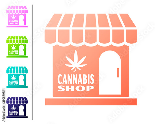 Coral Marijuana and cannabis store icon isolated on white background. Equipment and accessories for smoking, storing medical cannabis. Set color icons. Vector Illustration