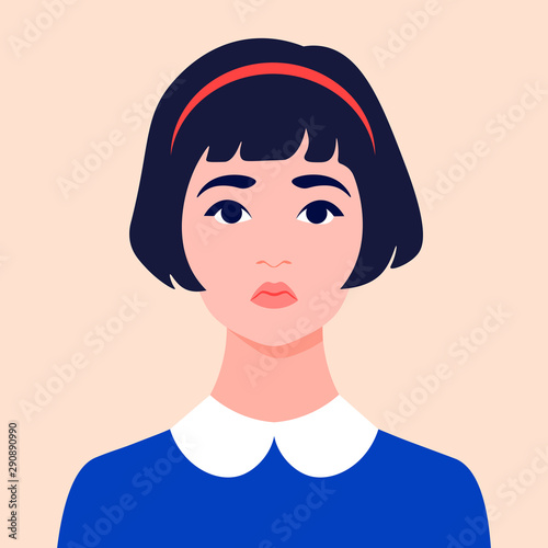 Portrait of a sad girl. Schoolgirl avatar. Face of a child. Vector flat illustration