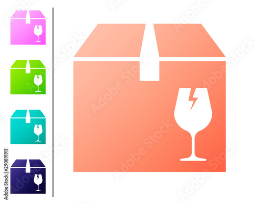 Coral Delivery package box with fragile content symbol of broken glass icon isolated on white background. Box, package, parcel sign. Set color icons. Vector Illustration