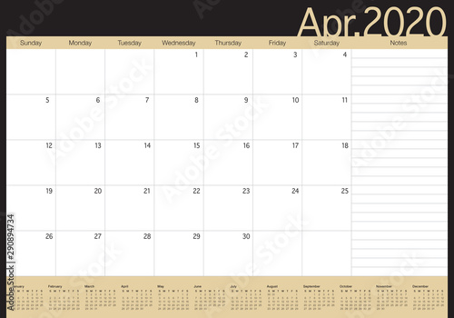 April 2020 desk calendar vector illustration