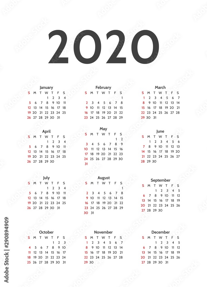 Simple calendar layout for 2020 years. Week starts from Sunday ...