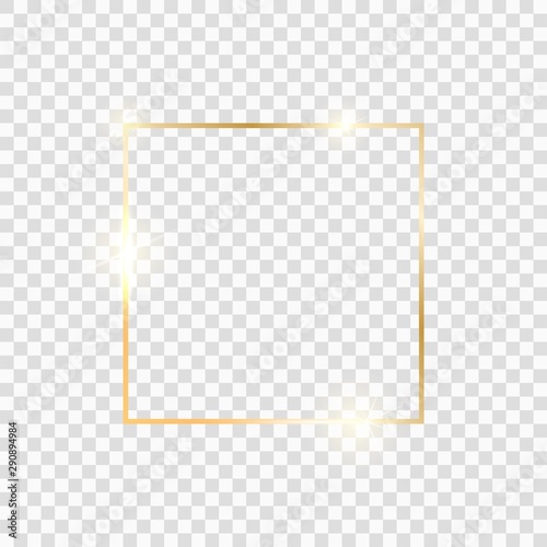 Gold square frame. Golden luxury glow line border. Gold shiny glowing vintage frame with shadows isolated on transparent background.
